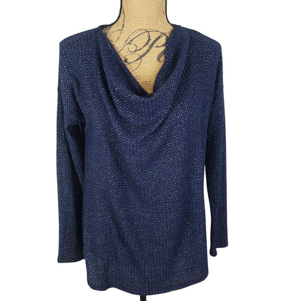CATO Size Small Navy Silver Metallic Cowl Neck Lightweight Waffle Knit Sweater